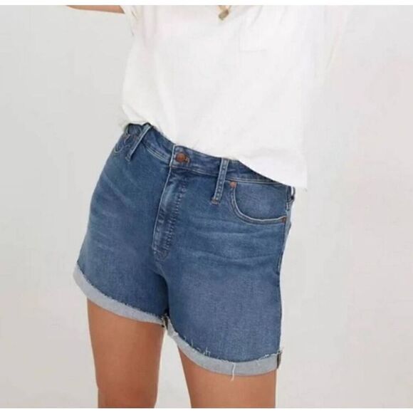 Madewell High-Rise Denim Shorts Raw Hem Cuff Size 27 C13 - Picture 3 of 16